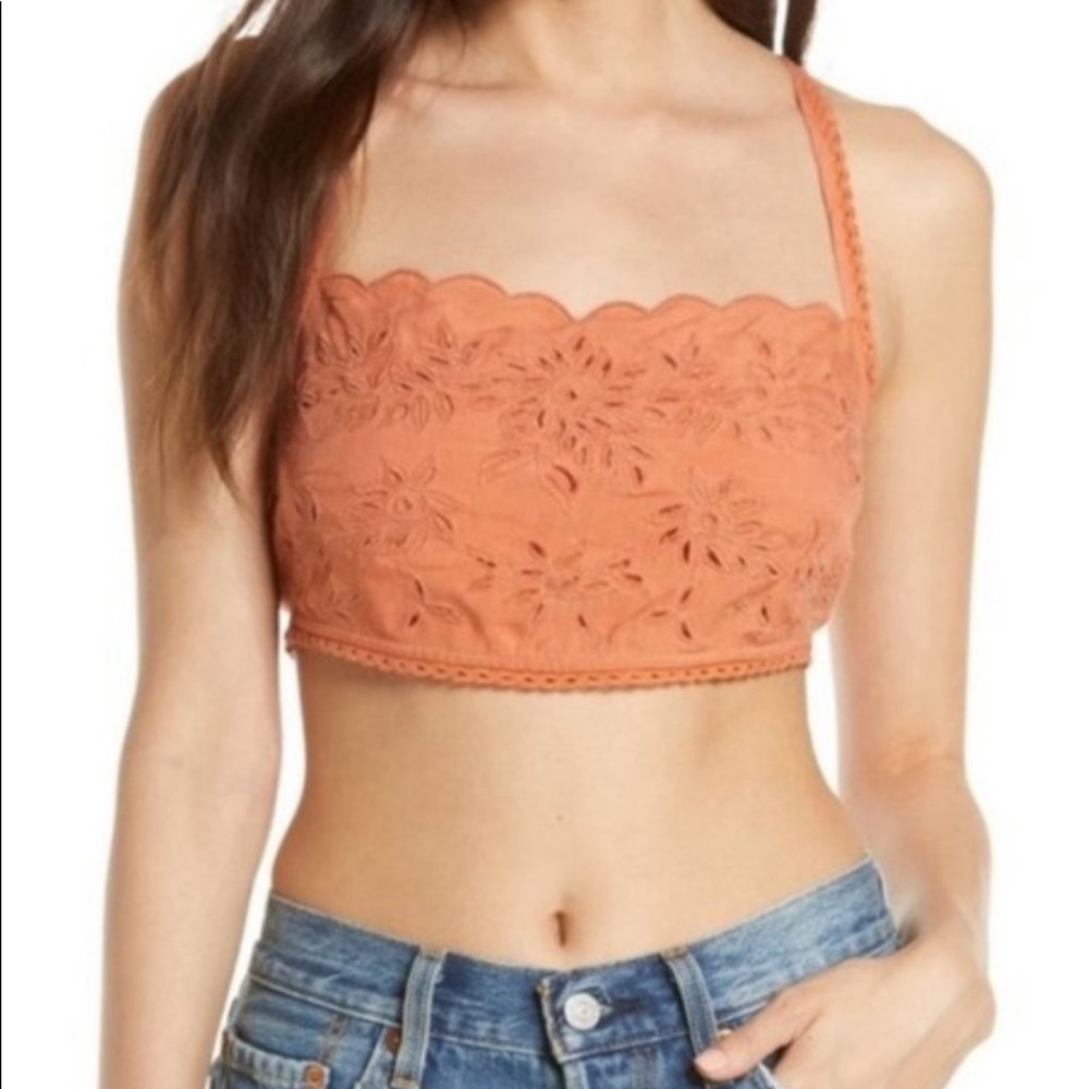 Free People Cassandra cross back crop top. Embroidered floral bronze colored.